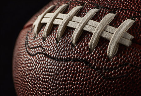 The image presents a detailed view of an American football. The ball, with its textured surface and white laces, is centrally framed against a black backdrop. The lighting creates highlights and shadows, emphasizing the ball's shape. This image could be used for various sports-related content or design projects.の素材