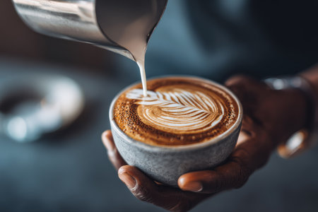A barista pours milk into a cup of coffee, creating a decorative pattern. The image showcases a close-up view with detailed textures and warm colors. The composition emphasizes the interaction with the cup and the art. This image is suitable for various uses, including advertising or editorial content.の素材
