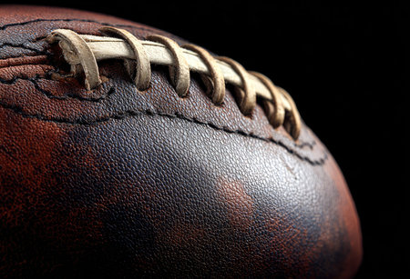 An extreme close-up shows a football's textured surface and stitching in rich detail. The brown leather exhibits varied tones and surface imperfections. The lighting highlights the stitching's texture and the ball's overall shape, set against a dark background. This image may be suitable for sports-related designs and editorial content.の素材