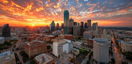 A high-angle view showcases a city skyline under a vivid sunset. The scene features a mix of skyscrapers and buildings, bathed in warm hues of orange and yellow, complemented by shades of blue. This image, with its dramatic lighting and composition, can be utilized for various commercial or editorial projects.の素材