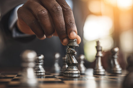 A dark-skinned hand carefully positions a knight chess piece on the checkered board. The image showcases a close-up perspective, highlighting the piece's metallic texture. Soft sunlight bathes the scene, creating warm tones and suggesting an indoor environment. This photograph could be used for business, strategy, or educational purposes.の素材