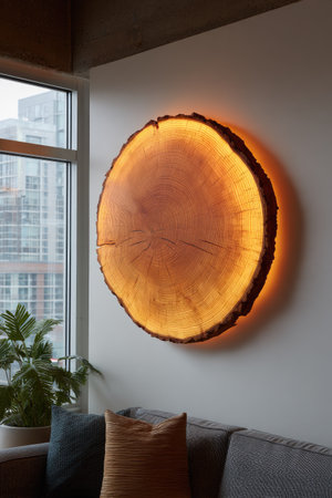 A circular wooden art piece is mounted on a neutral-colored wall. The artwork features a cross-section of a tree trunk, emitting a warm, ambient light. The composition showcases organic textures and natural colors, and the scene appears to be indoors near a window. This image is suitable for various uses, including home decor and design.の素材