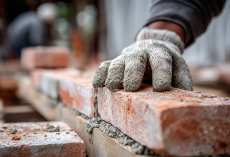 A gloved hand carefully places a brick onto a layer of mortar. The image showcases the brick's reddish-orange hue and the texture of the mortar. The lighting suggests an outdoor setting, possibly during daylight hours. This image could be used for construction-related content or for illustrating building processes.の素材