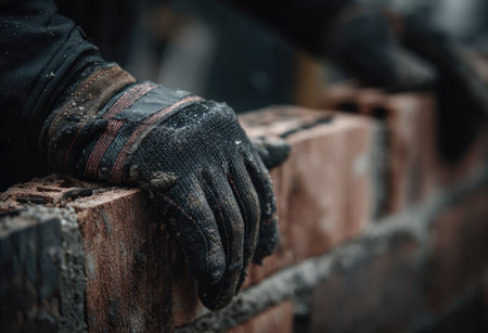 This image shows gloved hands working with bricks, possibly constructing a wall. The composition highlights textures and details. The lighting appears natural. Potential uses include illustrating construction, building, or labor-related concepts. It could also be utilized in educational or informative contexts.の素材