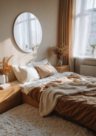 An inviting bedroom interior showcases a made bed, framed by a round mirror and a window with sheer curtains. Soft sunlight streams in, illuminating neutral tones and textures. The composition emphasizes comfort and relaxation, suitable for various lifestyle publications or design-related projects.の素材