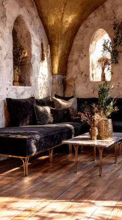 An inviting interior showcases dark plush seating arrangements and decorative vases. Arched windows illuminate the scene with natural light, highlighting the textures of the stone walls and wooden flooring. The composition creates a sense of warmth and elegance, suitable for various editorial and commercial projects.の素材