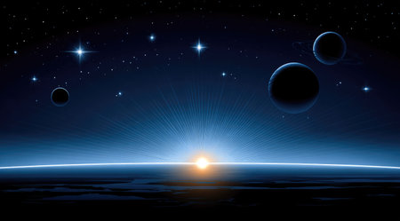 An artistic depiction showcases celestial bodies with a line of light rising above a dark horizon. Planets and stars are set against a deep blue expanse. The image features a gradient of colors, and the composition evokes a sense of vastness. Potential applications include science and technology projects or graphic design resources.の素材