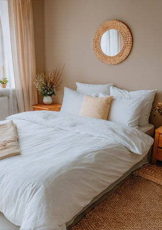 A bedroom interior is shown, featuring a neatly made bed with white linens and pillows. The scene is illuminated by natural sunlight streaming in through a window, casting soft shadows. A round mirror hangs on the wall, and the color palette is warm and neutral. Suitable for various commercial or lifestyle applications.の素材