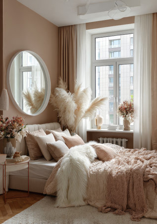 This bedroom interior showcases a bed with pillows, a mirror, and a window. The scene features soft tones of beige, white, and pink. The composition is balanced, with natural light. This image could be suitable for home decor advertising and editorial content.の素材