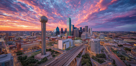 The image depicts a vibrant cityscape under a colorful sky. Buildings of various heights form the skyline. The scene presents vivid hues across the sky and cityscape. This image is suitable for illustrating urban development, travel, and landscape themes.の素材