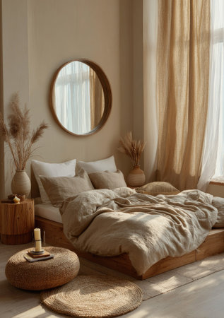 This interior scene depicts a bedroom featuring a bed, mirror, and decorative elements. The color scheme is predominantly neutral with shades of beige and brown. The composition suggests a well-lit, indoor setting. The image could be useful for various commercial projects related to home decor or lifestyle content.の素材