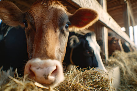 A close-up view showcases cows in a barn, feeding on hay. The composition highlights the animals' faces with details of their eyes, noses, and ears. The lighting suggests an indoor setting. This image has potential use in illustrating agricultural practices or livestock-related themes.の素材