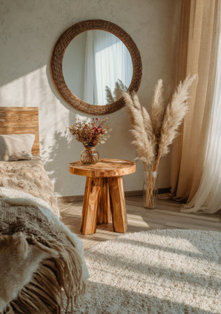 A warm interior showcases a round mirror above a wooden side table. Dried flowers and pampas grass complement the organic style. Natural sunlight streams through sheer curtains. This image is suitable for lifestyle blogs, home decor websites, and various commercial projects.の素材
