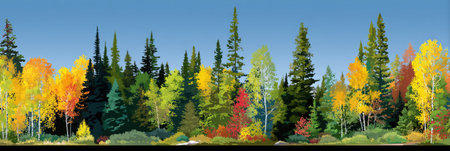 An illustration showcases a diverse forest during autumn, featuring a mix of evergreen and deciduous trees. The artwork presents vibrant hues, with a clear blue sky overhead. This visual could serve for various design purposes, like educational materials or general nature themes.の素材