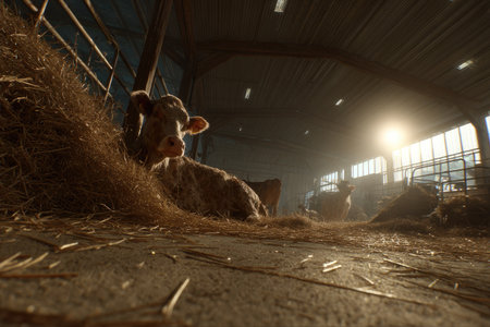 A cow rests in a barn, amidst a pile of hay. The warm, natural sunlight streams in, illuminating the scene. The composition showcases a shallow depth of field and neutral color tones. Suitable for diverse uses, including agricultural and environmental themes.の素材