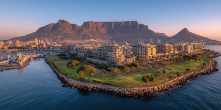 The panoramic image showcases a cityscape nestled against a large mountain range. Buildings line the coastline, complimented by lush greenery and calm water. Soft lighting bathes the scene, suggesting dusk. This scenic view could be suitable for various commercial uses related to travel or real estate.の素材