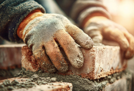 Close up of worker's hands handling a brick. The image shows textured gloves working with a brick. Daylight illuminates the scene, highlighting the rugged surfaces. This photograph may be used to illustrate construction work, craftsmanship, or building projects. Suitable for commercial and editorial applications.の素材