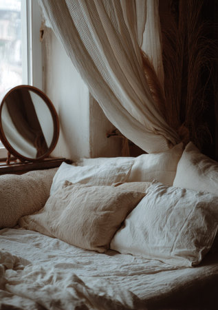 The image captures an interior bedroom scene featuring a bed adorned with plush, white pillows and a matching comforter. A round mirror and curtains create a sense of tranquility and softness. The scene is lit by natural light from a window, suggesting a calm atmosphere. Suitable for uses related to home decor and lifestyle.の素材