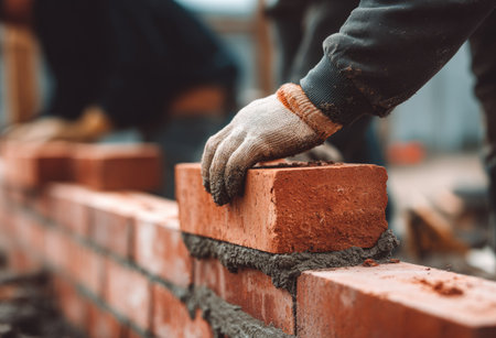 A worker's gloved hand carefully places a red brick onto a growing brick wall. The scene uses warm tones, with a blurred background, suggesting an outdoor setting. The composition focuses on the hands and brick, highlighting the construction process. This image could be used for construction, building, or infrastructure projects.の素材