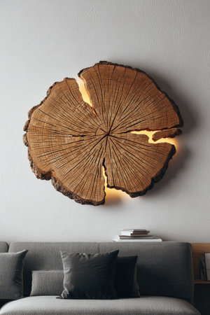 An overhead shot presents a decorative wooden slice mounted on a wall, showcasing its natural grain and textured surface. Backlit with warm lighting, the cracked section glows, creating an artistic visual effect. It could be utilized for interior design projects, advertising, or editorial content.の素材
