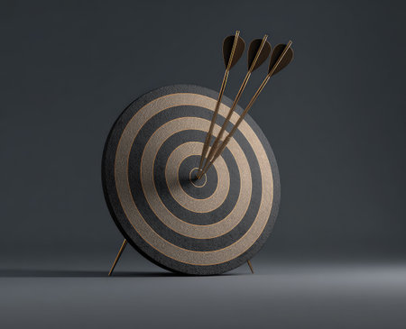 A dartboard, featuring concentric circles in contrasting colors, has three arrows precisely embedded in its center. The image is characterized by studio lighting, creating shadows and highlighting the textures. This shot could be useful for concepts related to planning, business strategy, and accomplishing aims.の素材