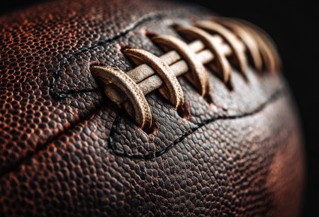 A detailed close-up showcases a brown leather football. The image highlights the ball's textured surface and intricate stitching, emphasizing its traditional design. Warm lighting illuminates the object. This image could be utilized in sports-related publications, advertising, or educational materials, and for various design projects.の素材