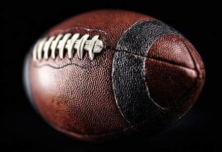 This image showcases a brown football with visible stitching and textures. The lighting highlights the oval shape against a dark backdrop. This could be used for advertising sports equipment, illustrating the game of football, or representing athleticism. Its isolated nature allows for versatile commercial applications.の素材