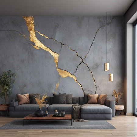 A contemporary interior showcases a gray wall adorned with gold accents and cracks. A sectional sofa with pillows, wooden coffee table, and minimal decor creates a cozy atmosphere. Overhead lighting and natural light from a large window illuminate the space, suitable for lifestyle imagery.の素材
