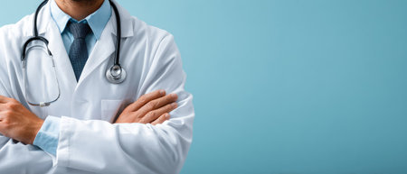 A medical professional is seen from the chest up, wearing a white coat and stethoscope. Arms are crossed over the chest against a light blue background. The composition features soft lighting and a clean aesthetic suitable for a variety of applications. This image may be used in healthcare, science, or promotional contexts.の素材