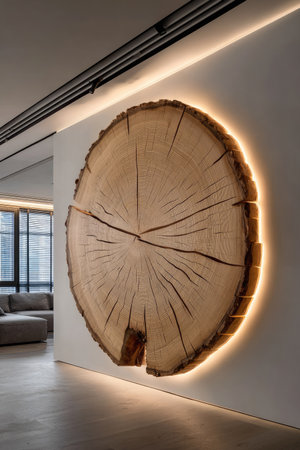 A large cross-section of a tree trunk is mounted on a white wall, accentuated by warm backlighting. The wood grain details and natural textures are prominent, creating a focal point in a modern interior. The image evokes a sense of nature within a contemporary setting, suitable for editorial or commercial applications.の素材
