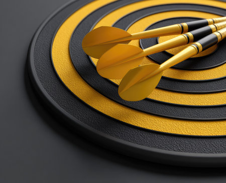 Three darts are positioned on a target, likely achieving a goal. The image displays a black and gold color scheme, showcasing a circular dartboard. The composition features soft lighting, suggesting a studio setting. Ideal for illustrating business strategy, achieving goals, and success. Suitable for various commercial and editorial applications.の素材