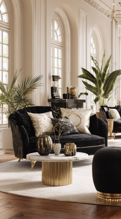 A luxurious living room showcases a black velvet sofa, decorative plants, and stylish furnishings. The composition features natural light streaming through arched windows, highlighting the room's textures and forms. This image is suitable for various commercial purposes, including interior design, home decor, and lifestyle content.の素材