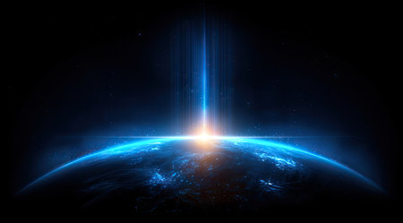 An artistic depiction shows planet Earth with a glowing atmosphere and continents. A vibrant, powerful beam of light originates from behind the horizon, creating an awe-inspiring visual impact. The color palette primarily uses blues and oranges, creating a contrast against a dark, space background. Suitable for various commercial or editorial purposes.の素材