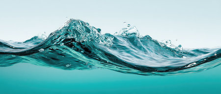 This image showcases a dynamic water wave, a visual display of fluid motion. The water's color ranges from deep teal to light turquoise. The composition has overhead lighting, which enhances the textures. It can be used for diverse purposes, including advertisements, marketing, and editorial content.の素材