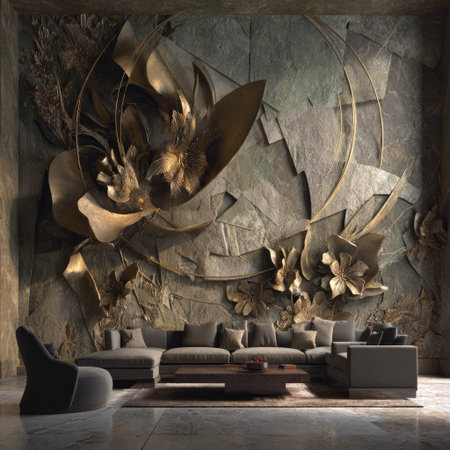 An artistic interior scene showcases a striking wall installation with metallic floral design. Below, a contemporary sectional sofa and furniture are arranged. The muted color palette and refined textures create a serene, inviting atmosphere. Suitable for presentations, home decor projects, and architectural visualizations.の素材