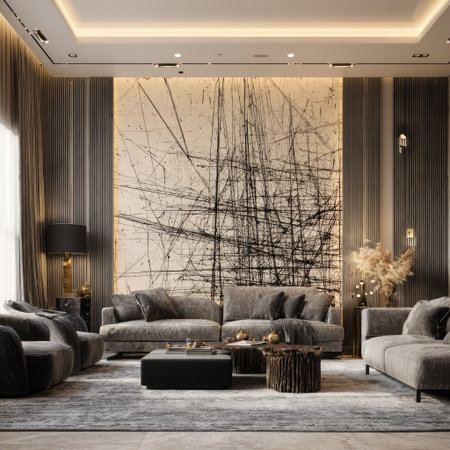 This image showcases a sophisticated living room with contemporary design. It features a large abstract painting on the wall, complemented by gray sofas and armchairs. The room is illuminated by warm lighting, highlighting textures and forms. Suitable for design publications and interior design projects, this image can be used commercially.の素材