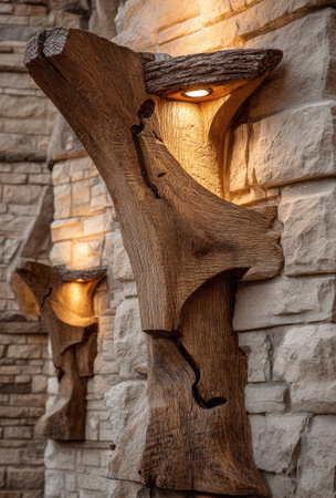 Two wooden wall lights are mounted on a textured stone surface, providing an inviting ambiance. The fixtures exhibit a natural wood grain with subtle patterns and warm lighting. The composition uses a vertical orientation with a close-up view and soft illumination, suitable for a variety of projects and commercial applications.の素材