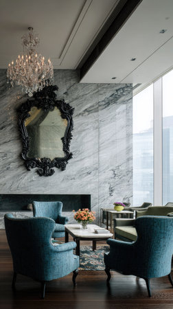 An interior scene features blue armchairs arranged around a small table with flowers. A large ornate mirror and a chandelier decorate the marble-patterned wall. The room is well-lit, likely indoors during the day, offering a sense of sophistication. Suitable for use in advertising, architectural design, or editorial content.の素材