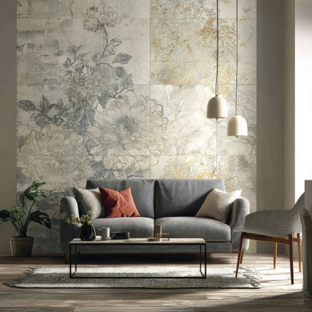 A modern living space showcases a gray sofa with decorative pillows, set against a backdrop of a floral mural. The composition features pendant lights, a wooden chair, and a coffee table. The color palette is neutral, accented by touches of red and greenery, suitable for various design projects.の素材