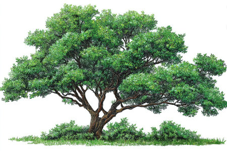 This illustration presents a detailed depiction of a tree with lush green foliage and a brown trunk. The artwork showcases naturalistic colors and textures, with a focus on the tree's branches and leaves. The image appears isolated against a white background, suitable for various commercial applications and visual projects.の素材