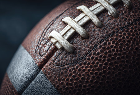 A close-up captures the intricate details of a football. The image displays a brown, textured leather surface with visible stitching and laces. The composition emphasizes the shape and design, possibly illuminated by soft lighting. Suitable for sports-related media, this image could be utilized for various commercial and editorial purposes.の素材