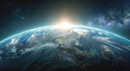 This image presents Earth from space, showcasing the curvature of the planet illuminated by sunrise. The composition features a dynamic interplay of light and shadow, highlighting the atmosphere's blue hues and the vastness of space. Suitable for educational materials and scientific visualizations.の素材