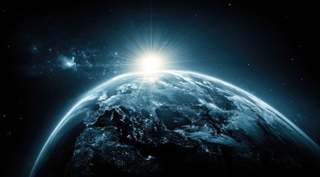 The illustration presents Earth with a radiant sun rising, showcasing a cosmic scene. The color palette consists mainly of blues and whites, with bright light emanating from the sun. The style is digital, highlighting a space environment. Potential uses include science, technology, or educational materials.の素材