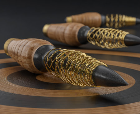 This image showcases several pens with wooden and metal components. The pens feature detailed gold wire accents and dark, pointed tips. The close-up shot highlights the textures and craftsmanship of the objects, possibly suitable for commercial projects.の素材
