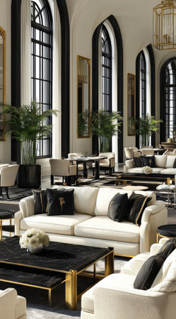 A brightly lit interior showcases an upscale design featuring cream-colored sofas, black tables, and tall arched windows. The scene is complemented by modern furniture, decorative plants, and gold accents, suggesting a stylish and sophisticated aesthetic. The image might be suitable for lifestyle, design, or architectural publications and promotional material.の素材