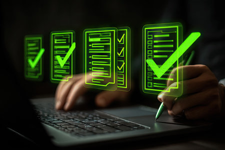 A person interacts with a laptop, with floating digital checklists overlaid. The scene features a dark background, highlighting neon green check marks and outlines. The composition suggests a focus on tasks and completion, potentially suitable for use in digital marketing or business-related projects.の素材
