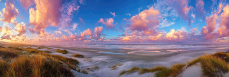 A panoramic view showcases a coastal scene with a beach and dunes beneath a vibrant sky filled with pink and blue clouds. The lighting suggests either sunrise or sunset over the ocean. This image may be used for commercial projects such as tourism, travel, and environmental themes.の素材
