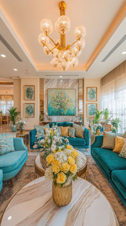 An interior view showcases a modern living room featuring teal sofas, armchairs, and decorative elements. The scene is illuminated with warm lighting from a chandelier and natural light. The design incorporates artistic paintings and floral arrangements to create a comfortable and inviting atmosphere. Suitable for commercial and editorial uses.の素材