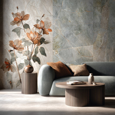 This interior scene features a sofa, coffee table, and side table set against a backdrop with floral mural. The scene is composed of earthy tones, soft textures, and indirect lighting, hinting at a relaxing environment. This image could be used for home decor advertisements or lifestyle content.の素材