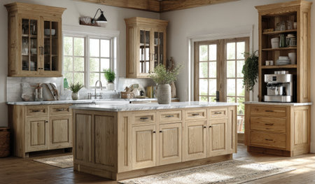 An interior view depicts a spacious kitchen with wooden cabinetry and a central island featuring a marble countertop. Natural light streams through the windows, illuminating the light-colored walls and flooring. This image could be used in advertising, editorial, or design projects related to home improvement.の素材